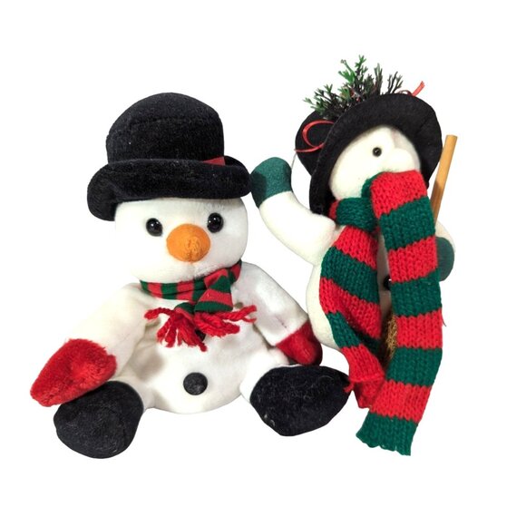 Holiday Snowmen Plush Black Hat Red Green Scarf Broom Ornament 2-Pc Vintage 1992 - Picture 2 of 8